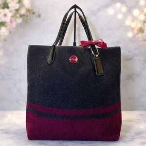 Coach Heritage North/South Stripe Black & Purple Wool Tote